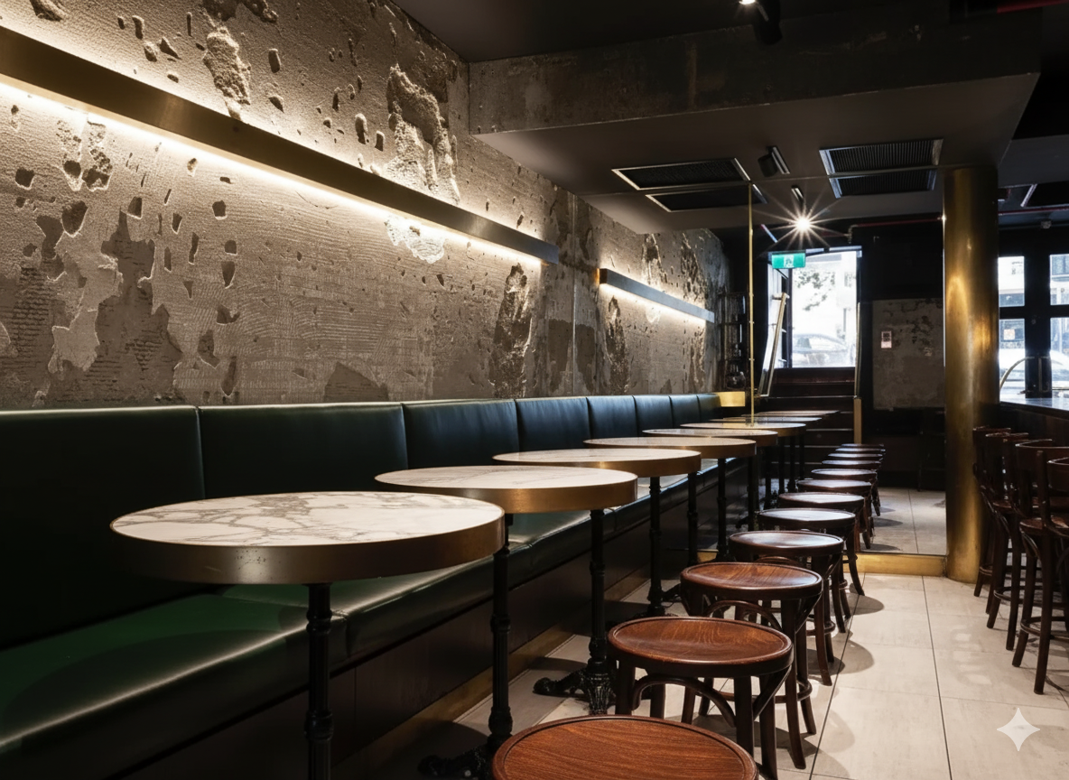 Warm café interior with curved timber bar